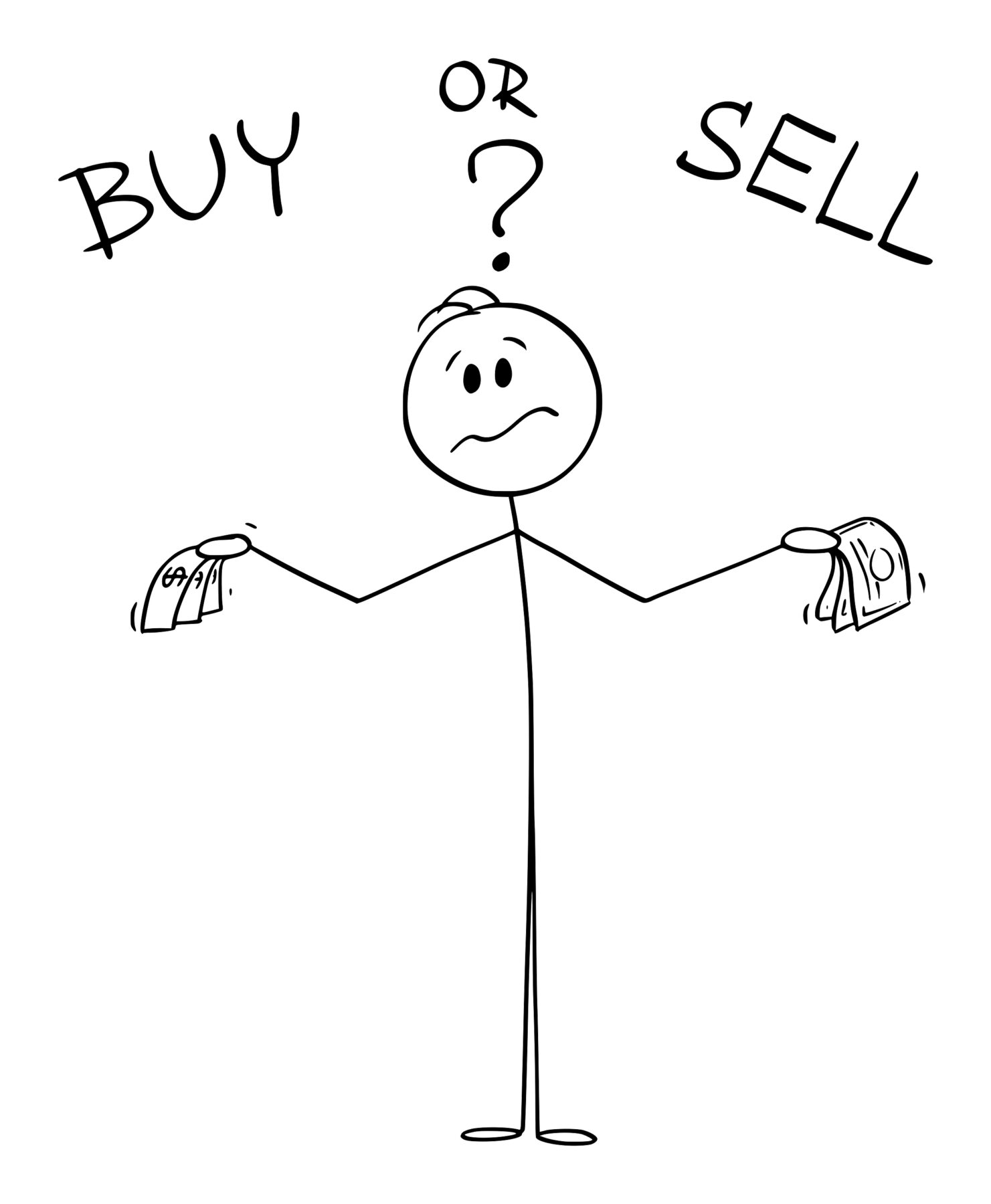 stickman illustration Buy Or Sell, Businessman Or Investor Is Thinking About Finances bull or bear in trading markets