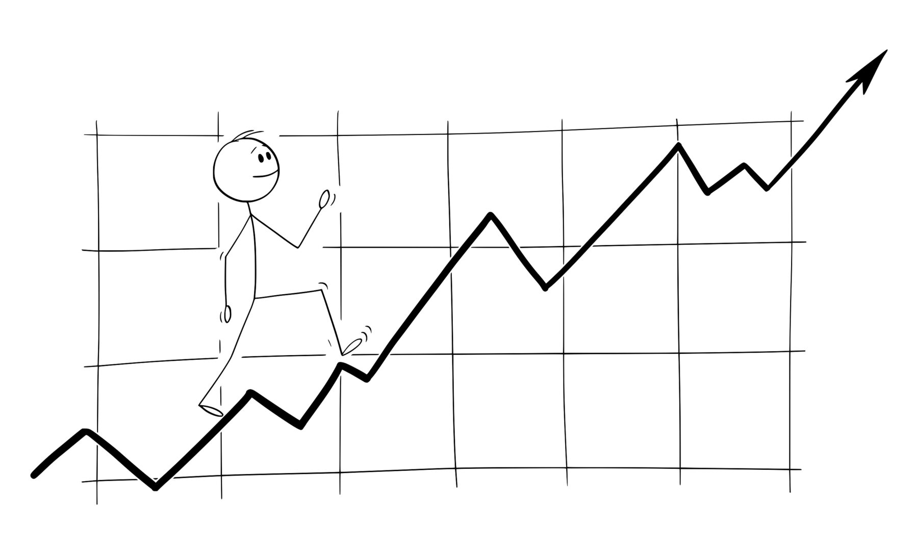 stickman illustration walking up investment earnings chart