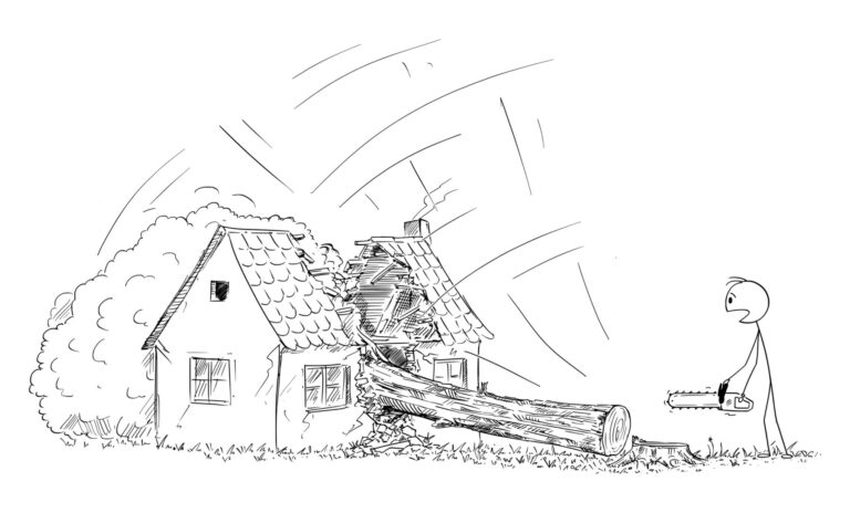 Tree falls on house - stick figure drawing