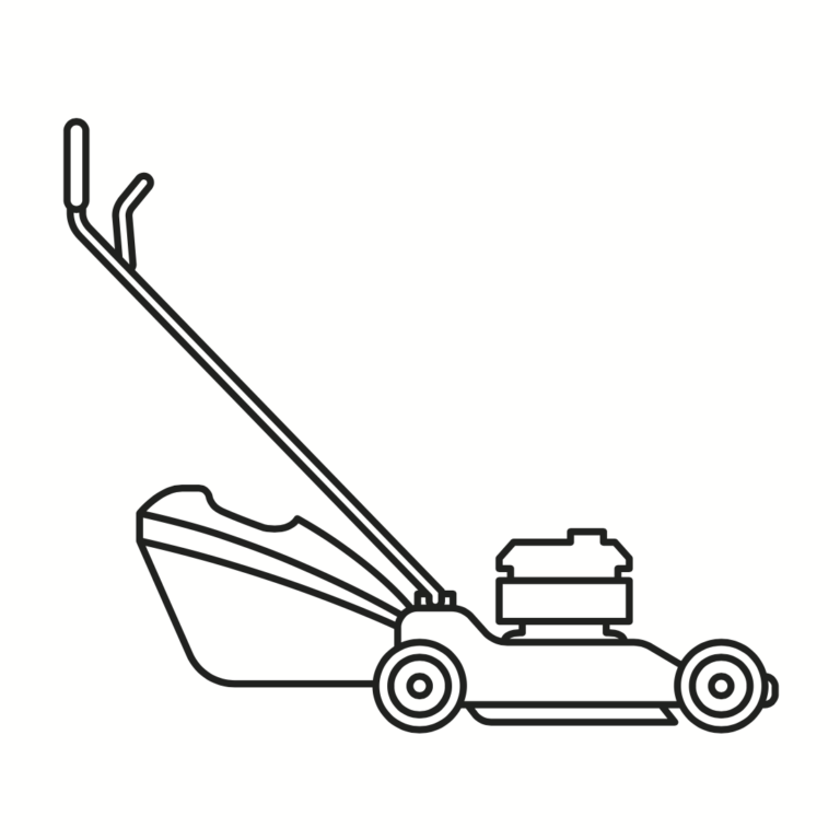 Simple line drawing of a walk-behind lawn mower